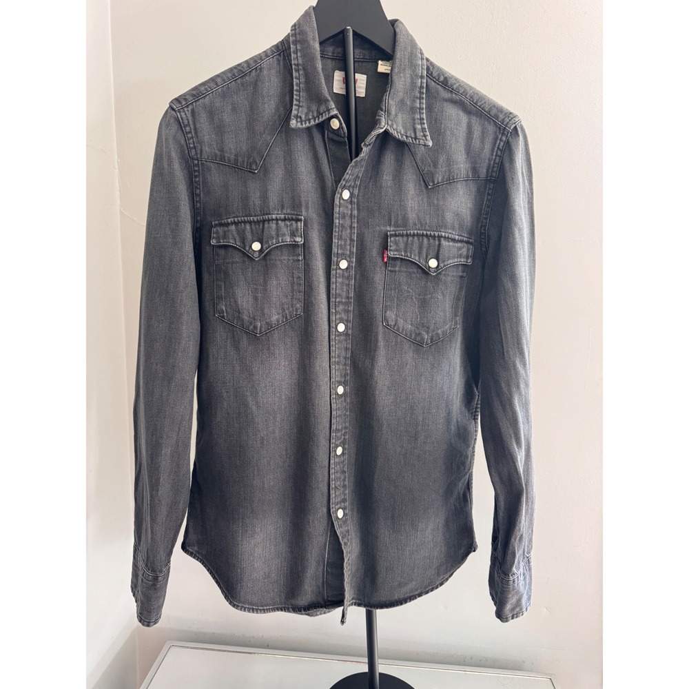 VTG Levis Mens Barstow Western Denim Shirt Black Gray Pearl Snap LS Sz Small
